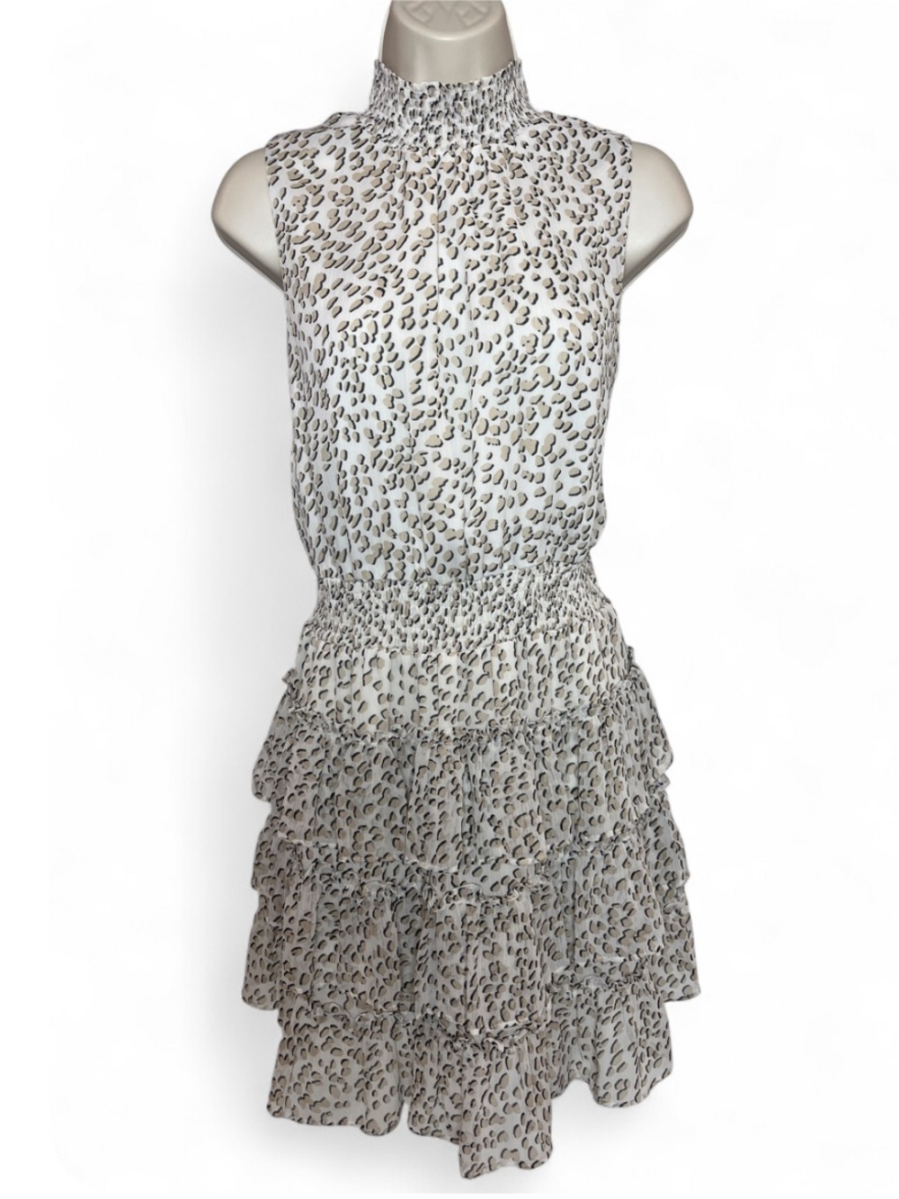 Express Sleeveless Dress Smocked Tiered Midi White Leopard Whimsigoth Mockneck L